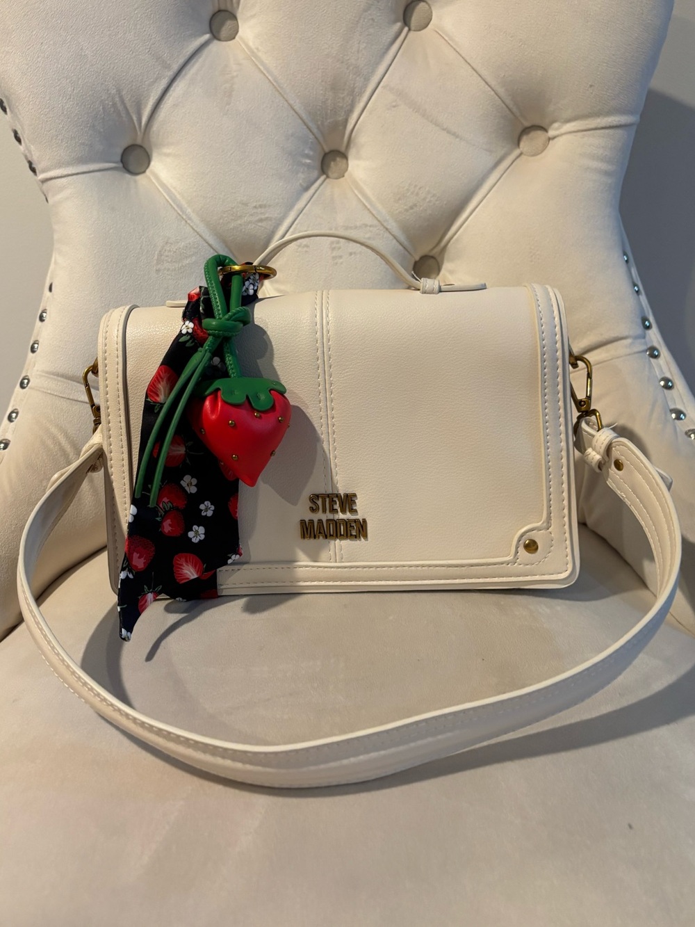 Steve Madden Cream Crossbody Bag with Strawberry Charm and Scarf